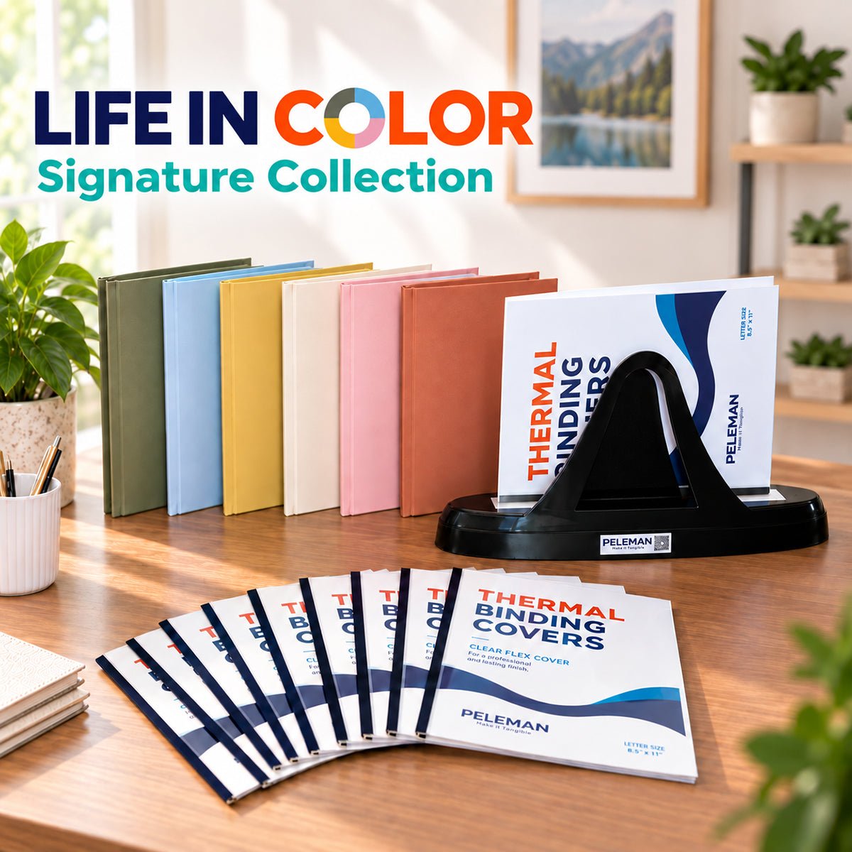 Peleman Life in Color signature collection with thermal binding machine, colored hardcovers and clear flex thermal binding covers, a complete bookbinding kit for crafts, photo books and scrapbook albums