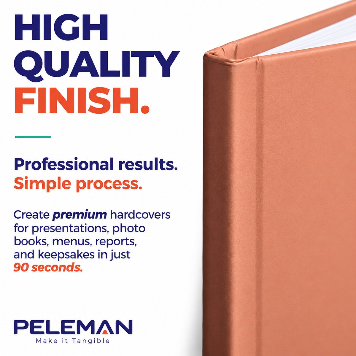Peleman soft touch portrait hardcover in rust for premium photo books, memory keeping albums, menus and reports, bound in 90 seconds
