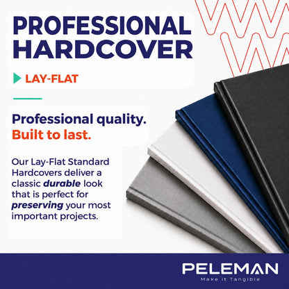 Promotional graphic for Peleman Lay-Flat Standard Hardcovers showing several slim hardcover notebooks stacked diagonally in black, white, and navy blue. The left side features promotional text reading 'PROFESSIONAL HARDCOVER' and 'LAY-FLAT' on a white background with a dark blue footer containing the 'PELEMAN' brand logo.