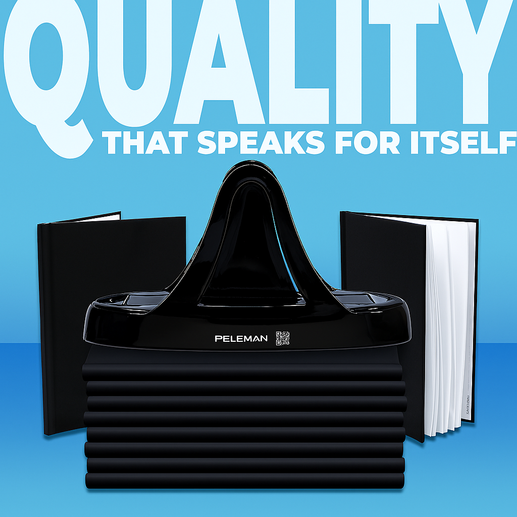 Black product with 'PELEMAN' branding on a blue background with text 'QUALITY THAT SPEAKS FOR ITSELF'.