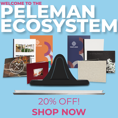 Promotional graphic for Peleman Ecosystem with branded products and a discount offer on a blue background.